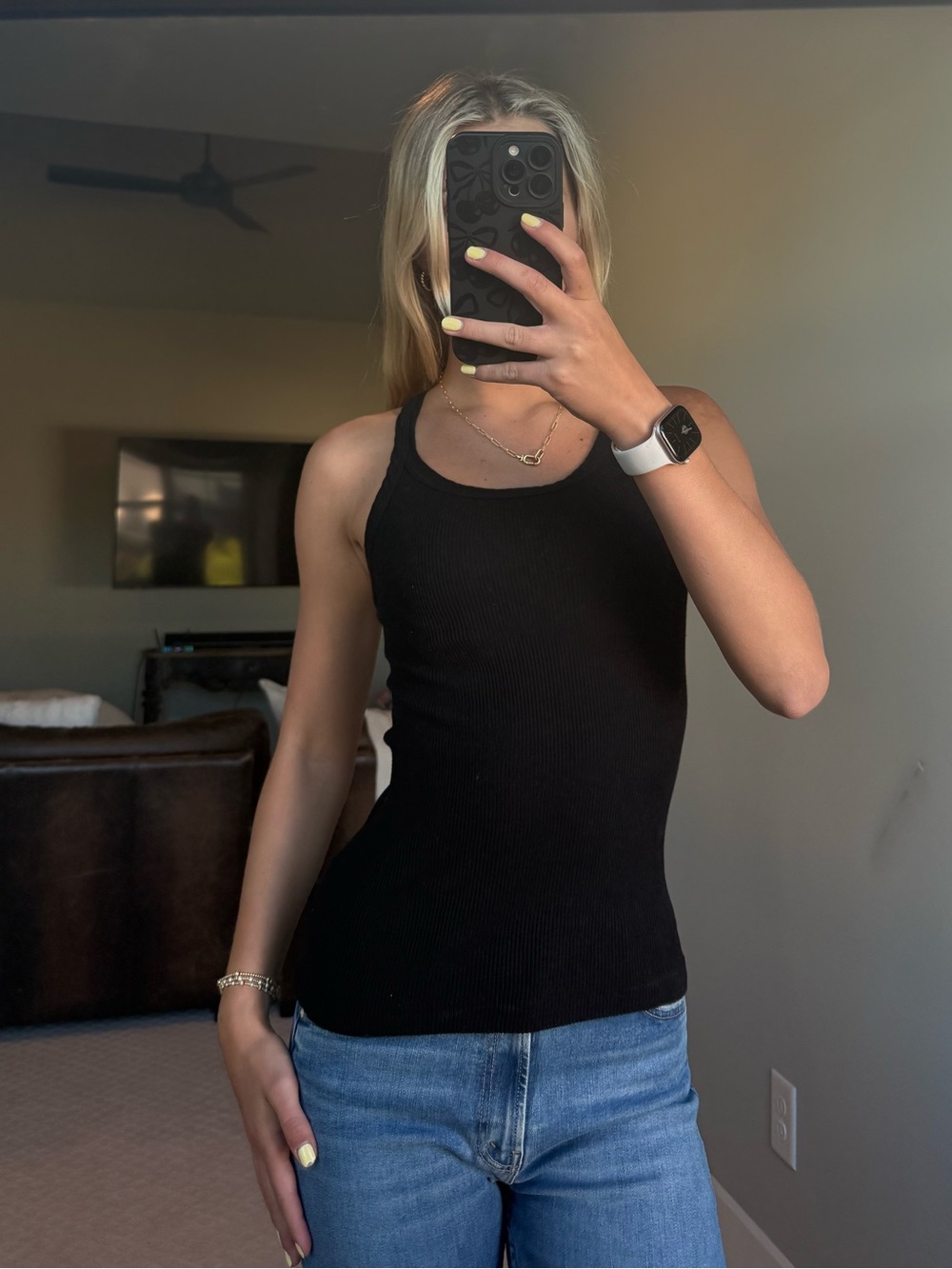Re/Done Black Ribbed Racerback Tank Top